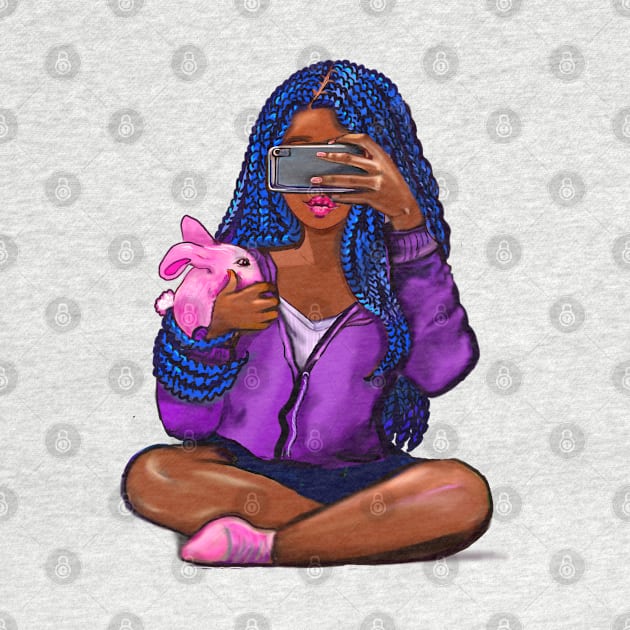 Cool edgy girl with natural afro hair in pink braids and camera phone black girl Magic. “African American woman”,teenager, African American teen by Artonmytee